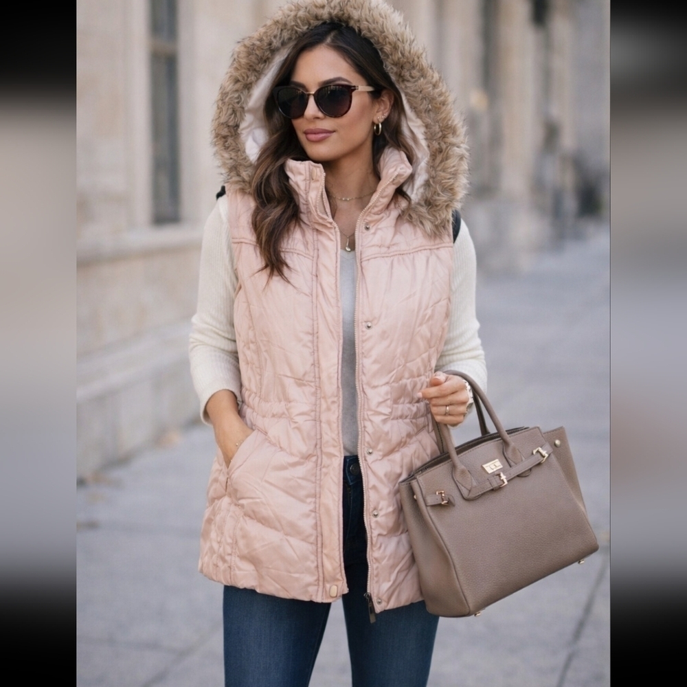 New York & Company Womens Golden Beige Faux Fur Trim Trendy Puffer Vest L